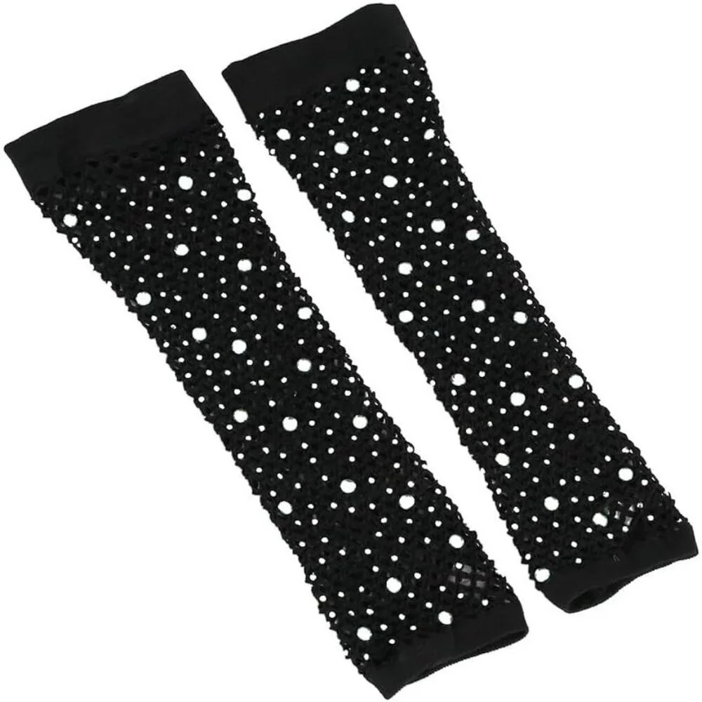 Women's Rhinestones Black Fingerless Fishnet Mesh Long Gloves Party Cosplay